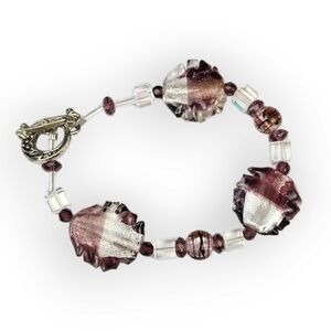 Art Glass Beaded Bracelet Purple Silver Clear Aurora Borealis Beads 7.75" Long